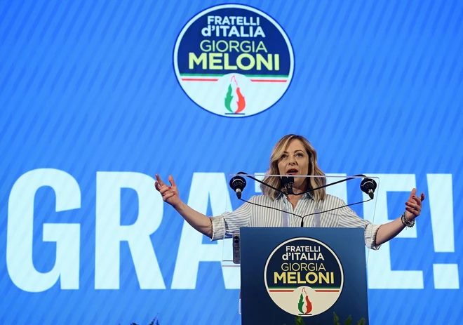 Thủ tướng Italy Giorgia Meloni phát biểu trong cuộc họp báo ở Rome ngày 10-6-2024. (Ảnh: AFP/TTXVN)