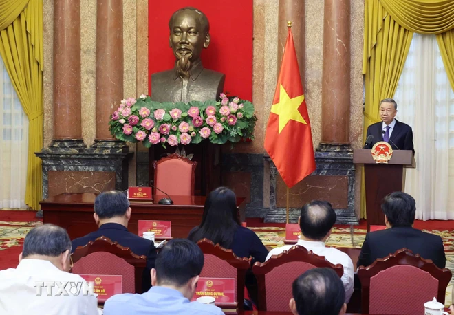 Chủ tịch nước Tô Lâm phát biểu tại buổi gặp mặt. (Ảnh: Nhan Sáng/TTXVN)