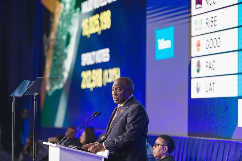 Tổng thống Nam Phi Cyril Ramaphosa phát biểu sau khi kết quả bầu cử được công bố tại Midrand, ngày 2-6-2024. (Ảnh: THX/TTXVN)