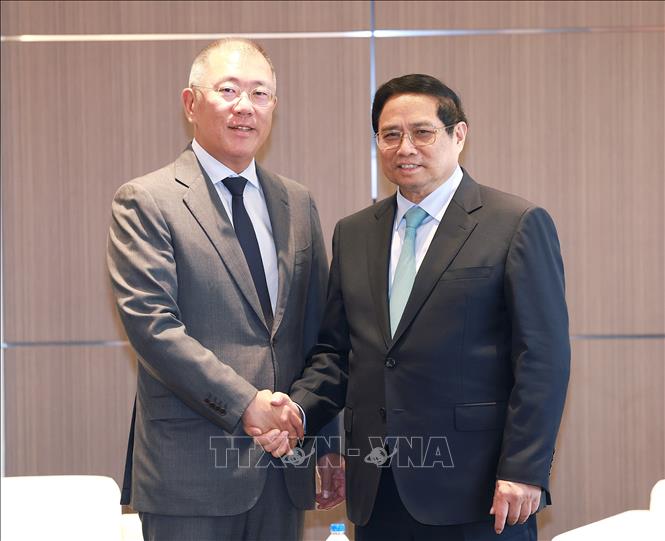 Thủ tướng Phạm Minh Chính tiếp ông Chung Eui-sun, Chủ tịch Tập đoàn Hyundai Motor. Ảnh: Dương Giang/TTXVN
