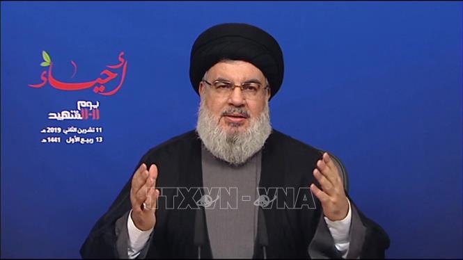 Thủ lĩnh Phong trào Hezbollah Hassan Nasrallah trong bài phát biểu trên truyền hình tại một địa điểm không xác định ở Liban ngày 11-11-2019. Ảnh minh họa: AFP/TTXVN