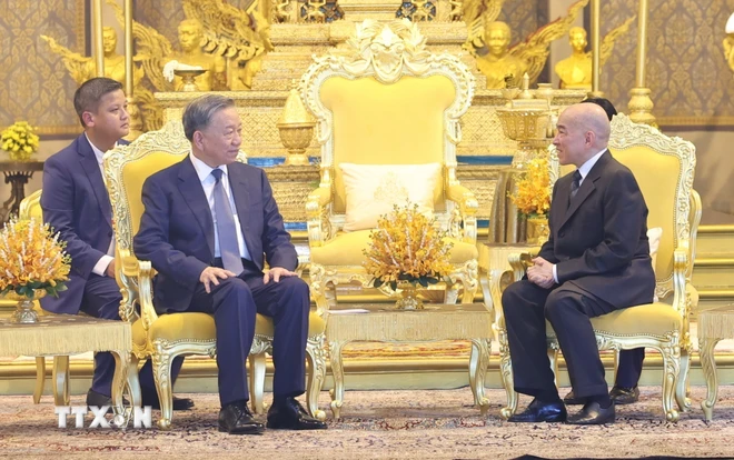 Chủ tịch nước Tô Lâm hội kiến Quốc vương Norodom Sihamoni tại Cung điện Hoàng gia Campuchia. (Ảnh: Nhan Sáng/TTXVN)