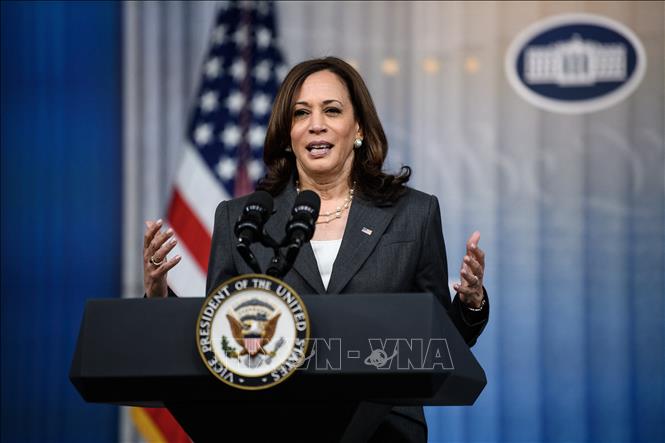 Phó Tổng thống Mỹ Kamala Harris trong bài phát biểu tại Washington, D.C. Ảnh: AFP/TTXVN