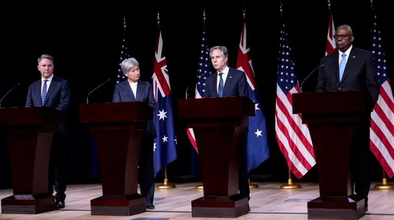 Mỹ tăng cường triển khai lực lượng tại Australia từ năm 2025 Từ trái sang: Bộ trưởng Quốc phòng Australia Richard Marles, Bộ trưởng Ngoại giao Australia Penny Wong, Bộ trưởng Ngoại giao Mỹ Antony Blinken và Bộ trưởng Quốc phòng Mỹ Lloyd Austin. (Nguồn: AP)