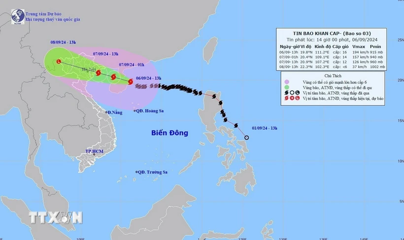 Bản đồ đường đi của bão số 3 lúc 13 giờ ngày 6-9-2024. (Ảnh: TTXVN phát)