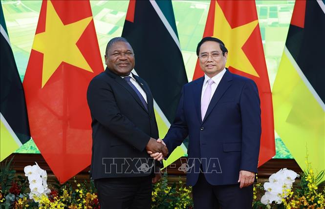 Thủ tướng Phạm Minh Chính hội kiến Tổng thống Cộng hòa Mozambique Filipe Jacinto Nyusi. Ảnh: Dương Giang/TTXVN