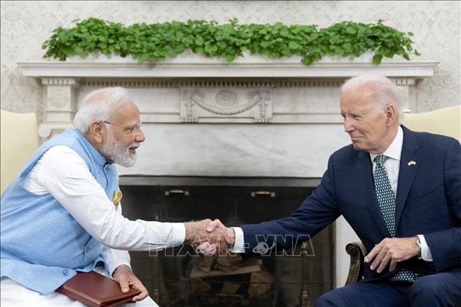 Tổng thống Mỹ Joe Biden (phải) hội đàm với Thủ tướng Ấn Độ Narendra Modi tại Nhà Trắng, Washington, DC ngày 22-6-2023. Ảnh tư liệu: AFP/TTXVN