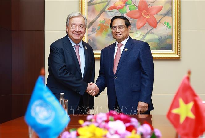 Thủ tướng Phạm Minh Chính gặp Tổng Thư ký Liên hợp quốc Antonio Guterres. Ảnh: Dương Giang/TTXVN