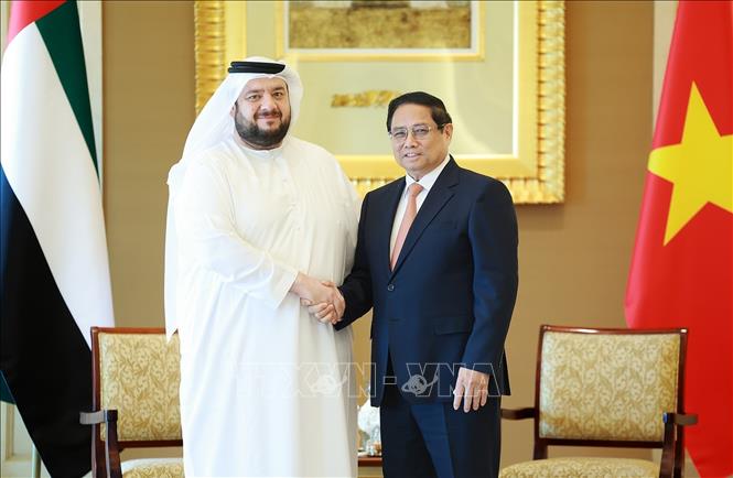 Thủ tướng Phạm Minh Chính tiếp Bộ trưởng Đầu tư UAE Mohamed Hassan Al Suwaidi. Ảnh: Dương Giang/TTXVN