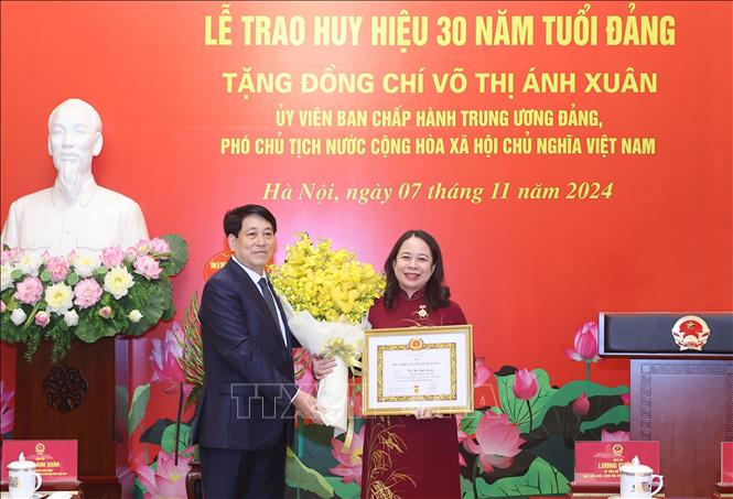 Chủ tịch nước Lương Cường trao Huy hiệu 30 năm tuổi Đảng cho Phó Chủ tịch nước Võ Thị Ánh Xuân. Ảnh: Lâm Khánh/TTXVN