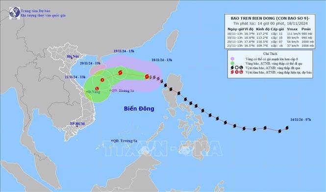 Đường đi của bão số 9, lúc 13h ngày 18-11-2024. Ảnh: TTXVN phát