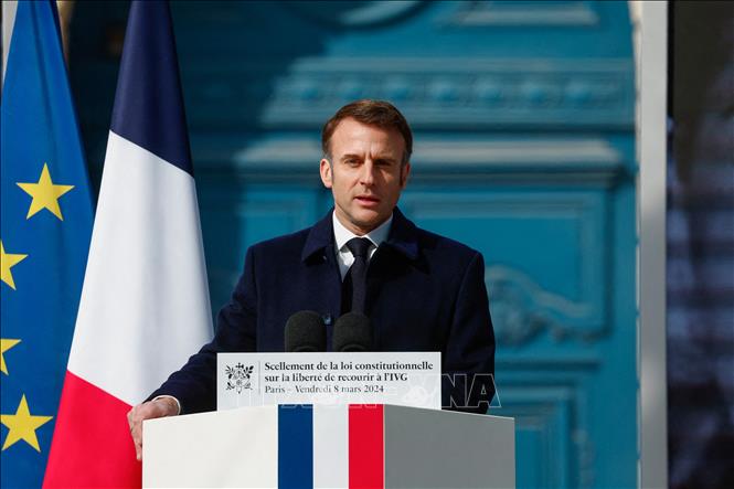 Tổng thống Pháp Emmanuel Macron phát biểu tại Paris, tháng 3-2024. Ảnh: AFP/TTXVN