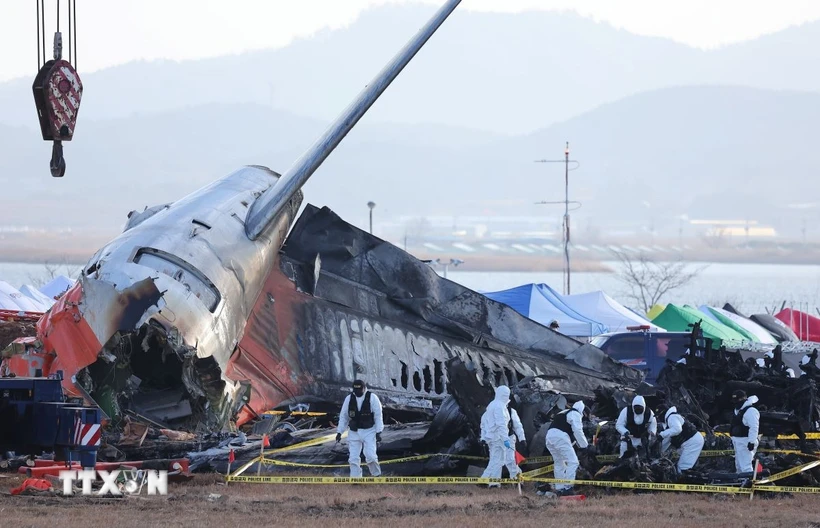 Hiện trường vụ tai nạn máy bay của hãng Jeju Air tại Muan, Hàn Quốc. (Ảnh: Yonhap/TTXVN)