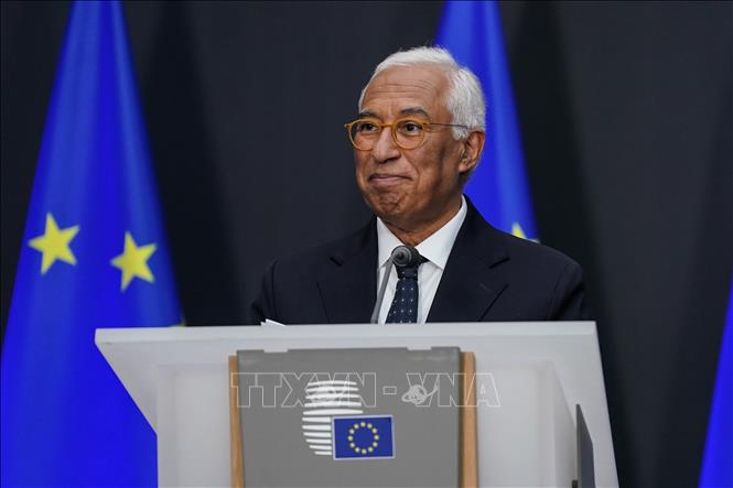 Chủ tịch Hội đồng châu Âu Antonio Costa phát biểu tại Brussels, Bỉ. Ảnh: THX/TTXVN