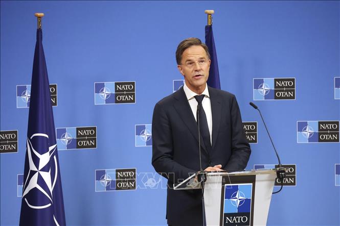 Tổng Thư ký NATO Mark Rutte phát biểu tại cuộc họp báo ở Brussels, Bỉ. Ảnh tư liệu: Kyodo/TTXVN