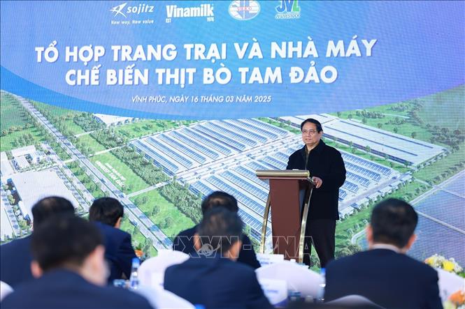 Thủ tướng Phạm Minh Chính phát biểu khi đến thăm Tổ hợp Trang trại và Nhà máy chế biến thịt bò Tam Đảo (xã Minh Quang, huyện Tam Đảo). Ảnh: Dương Giang/TTXVN