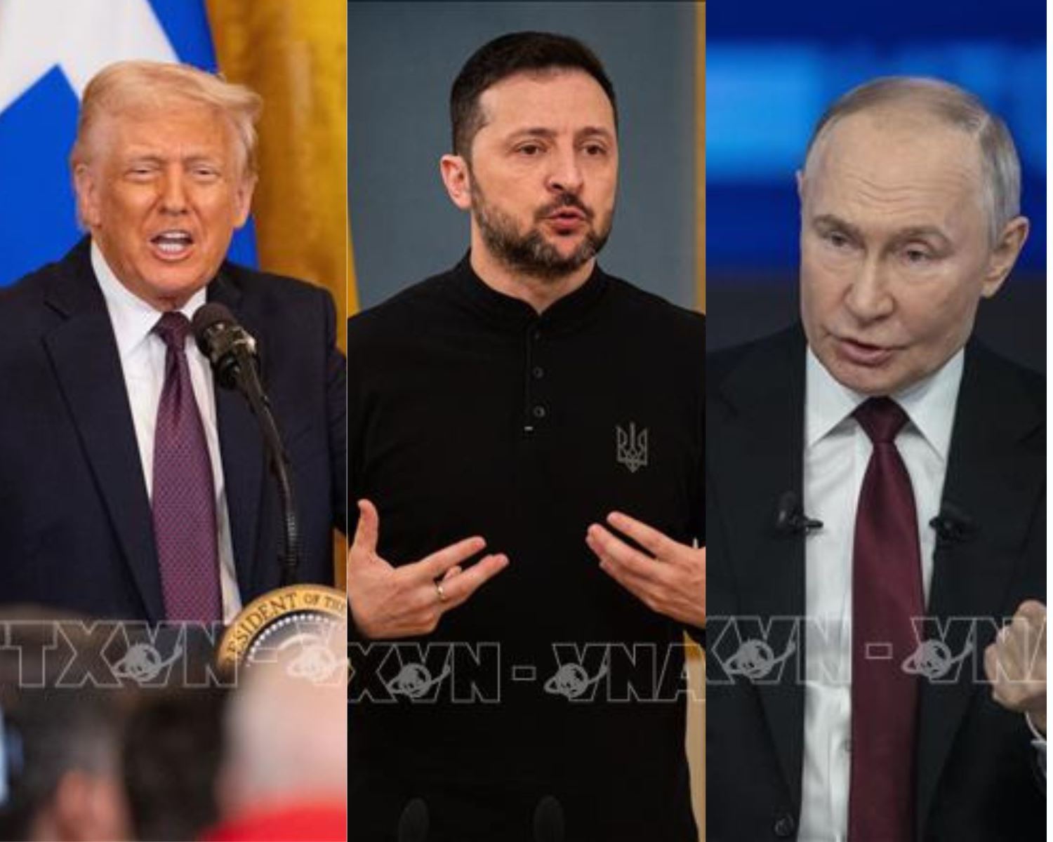 Nga vạch rõ Mỹ không thể ký thỏa thuận hòa bình hộ Ukraine Trong ảnh từ trái qua: Tổng thống Mỹ Donald Trump, Tổng thống Ukraine Volodymyr Zelensky và Tổng thống Nga Vladimir Putin. Ảnh: THX, Anadolu Agency/TTXVN