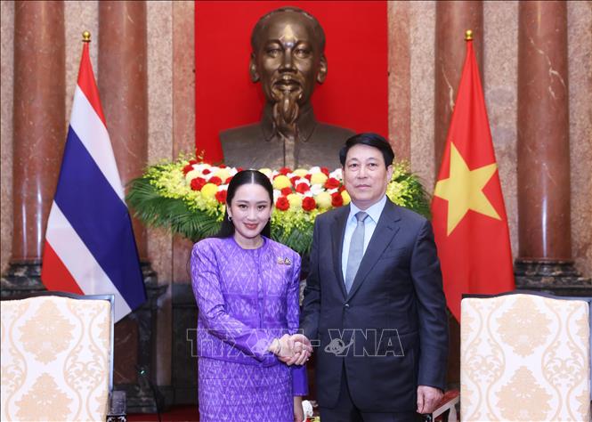 Chủ tịch nước Lương Cường tiếp Thủ tướng Thái Lan Paetongtarn Shinawatra. Ảnh: Lâm Khánh/TTXVN