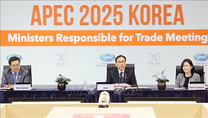 APEC ra tuyên bố chung nhấn mạnh tầm quan trọng của WTO và kêu gọi hợp tác Bộ trưởng Thương mại Hàn Quốc Cheong In-kyo (giữa) phát biểu tại Hội nghị Bộ trưởng Thương mại APEC ở đảo Jeju ngày 15-5-2025. Ảnh: Yonhap/TTXVN