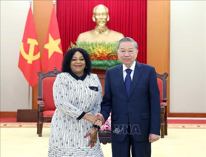 Tổng Bí thư Tô Lâm tiếp bà Nomvula Mokonyane, Phó Tổng thư ký thứ nhất Đảng Đại hội Dân tộc Phi (ANC), Nam Phi. Ảnh: Thống Nhất/TTXVN