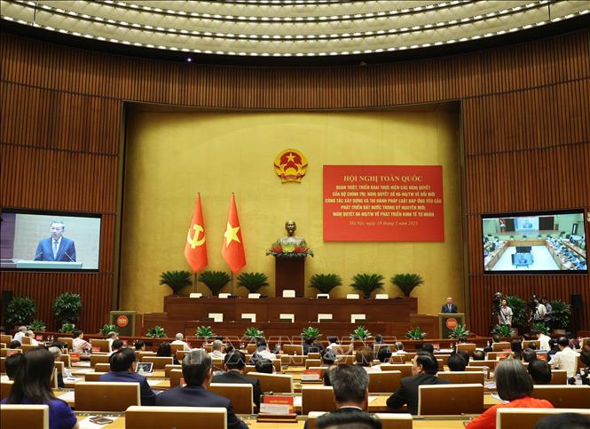 Tổng Bí thư Tô Lâm phát biểu chỉ đạo Hội nghị toàn quốc quán triệt, triển khai thực hiện Nghị quyết 66-NQ/TW và Nghị quyết 68-NQ/TW của Bộ Chính trị. Ảnh: Thống Nhất/TTXVN