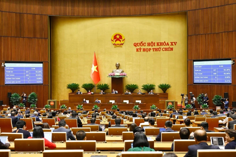 Nghị quyết chỉ định Trưởng Đoàn, Phó Trưởng Đoàn đại biểu Quốc hội Quốc hội biểu quyết thông qua các luật và Nghị quyết tại Kỳ họp thứ 9, Quốc hội khóa XV. (Ảnh: TTXVN)